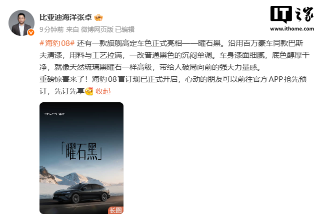 比亚迪海豹 08 旗舰高定车色“曜石黑”亮相，开启盲订